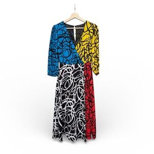 NY&C Colorblock‎ Abstract Scribble Print Midi Dress XS Red Blue Yellow Kidcore